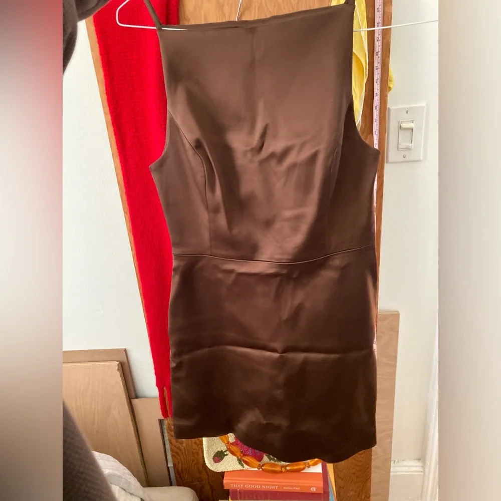 Aritzia Satin Silk Brown Mini Dress Square High Neck - Picture 8 of 10